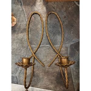vintage Homco gold twisted rope metal loop wall sconce candle holders